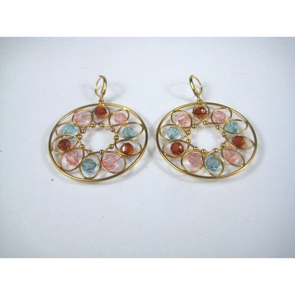 Joan Rivers Gold Tone Hoop Earrings Open Faceted Medallion China Dangle - Picture 4 of 6